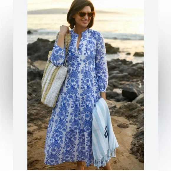 Tuckernuck Ro's Garden Bluefanny Rio Maxi Midi Dress Long Sleeve Boho blue white - Picture 9 of 16